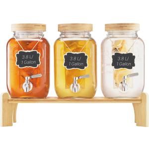 VEVOR Beverage Dispenser, 3 Pack 1 Gallon Drink Dispensers for Parties, Glass Juice Dispenser with Wood Stand, Stainless Steel Spigot, Infuser, Iced Tea Lemonade Juice Water Dispensers for Parties