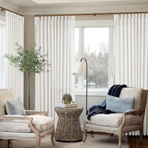 Ivory White Pinch Pleated Extra Wide Linen Curtains 84 Inches Long for Patio Sliding Glass Door 70 Inch Wide Pleated Drapes with Hooks Rings Semi Sheer 70x84 Curtain for Living Room 1 Panel