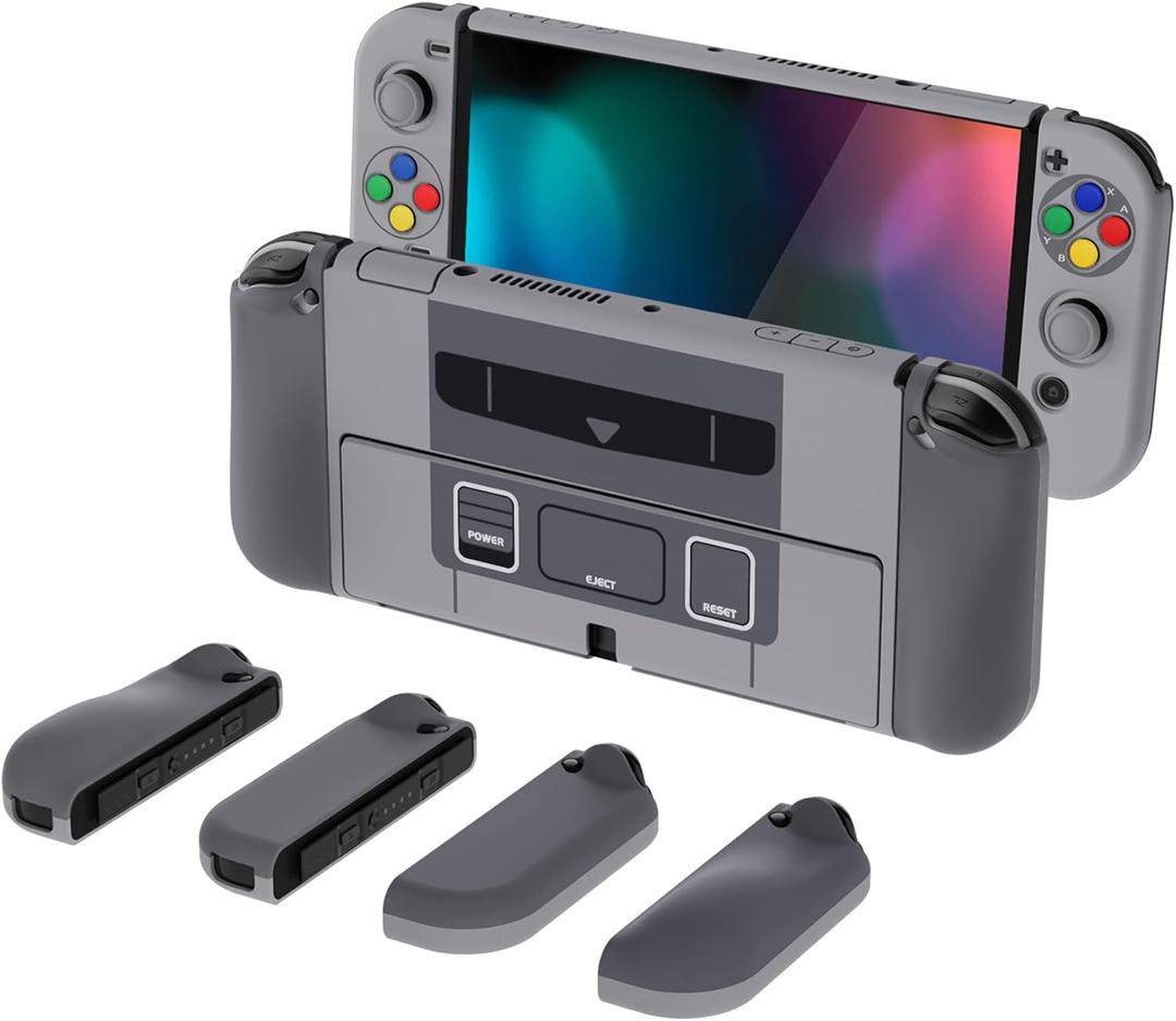 PlayVital AlterGrips Protective Slim Case for Nintendo Switch OLED, Ergonomic Grip Cover for Joycon, Dockable Hard Shell for Switch OLED w/Thumb Grip Caps & Button Caps (SFC SNES Classic EU Style)