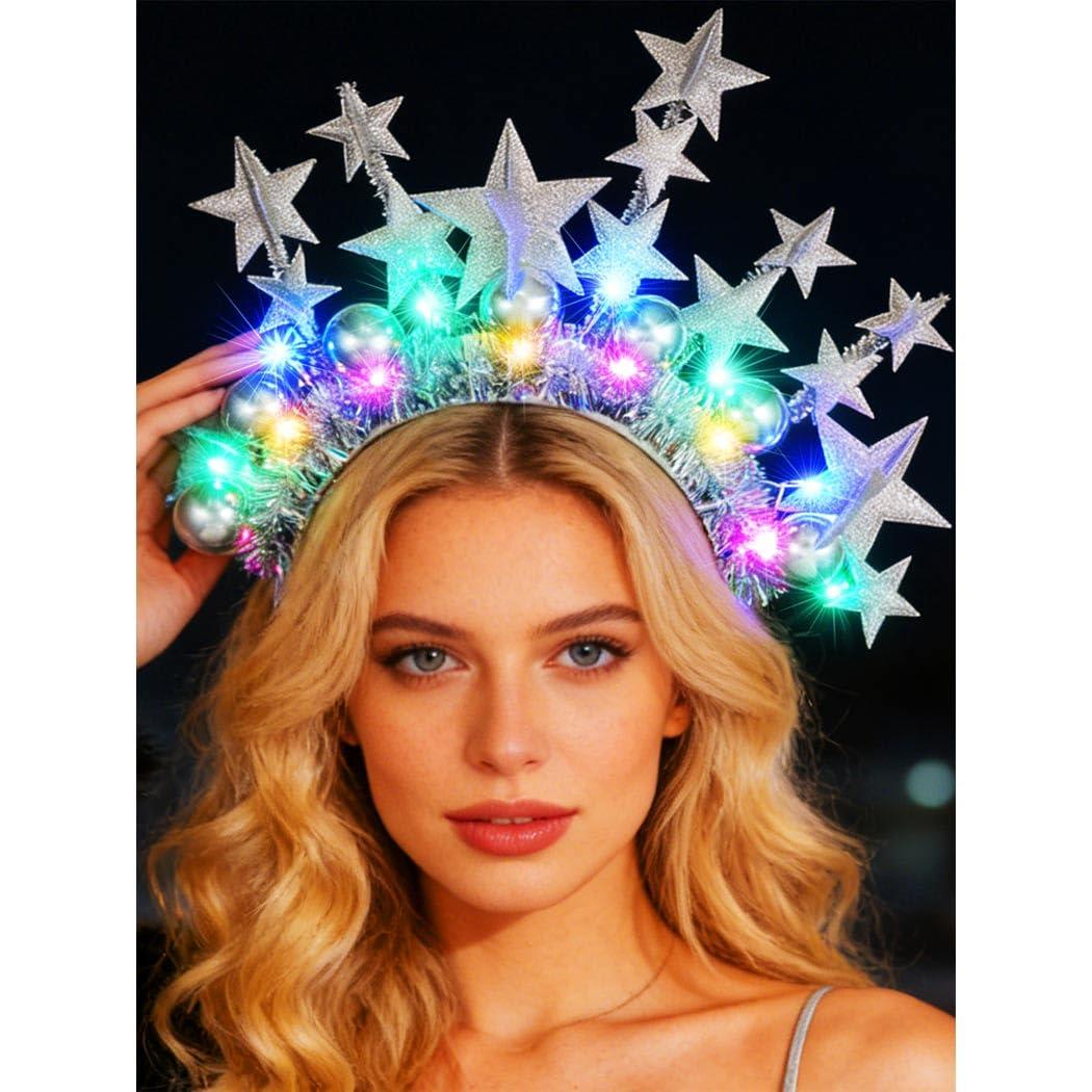 CAKURE Light Up Star Headband Silver Disco Headpiece Led Ball Headbands Holiday Hair Accessories for Women (b-silver, free size) (1 Count (Pack of 1))