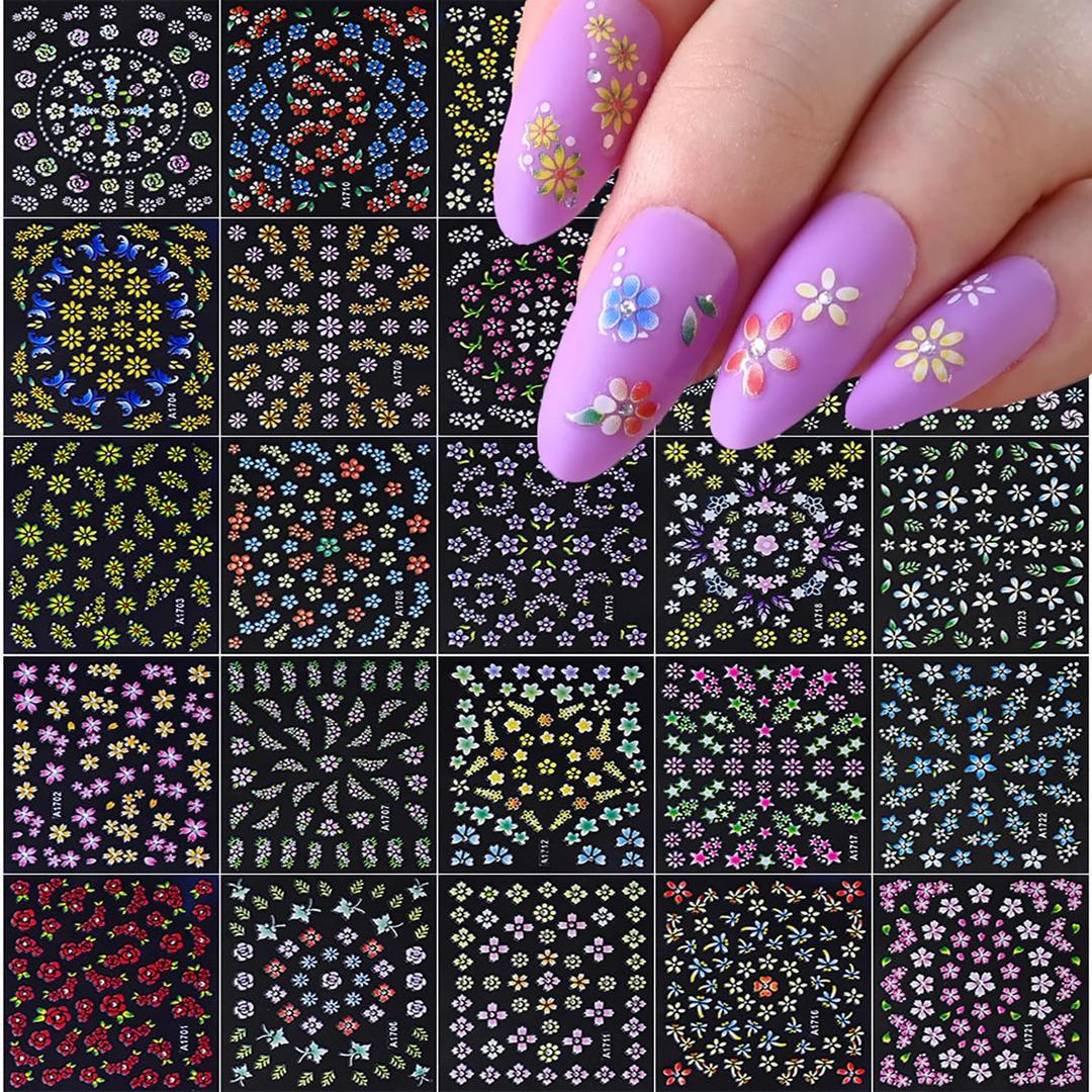 2 x 24 Sheets Flower Nail Art Stickers Colorful Flowers Nail Decals Spring Nails Designs Cute Daisy Nail Stickers 3D Self Adhesive Nails Art Supplies Floral Sticker for Acrylic Nails DIY Manicure Decor (Style 1)