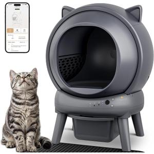 Automatic Self Cleaning Litter Box, Cat Litter Box, Robot Litter Box | APP Control, 65L Globe, Dual Safety Sensors, 1 Roll Garbage Bags, Litter Mat, <35DB, Grey