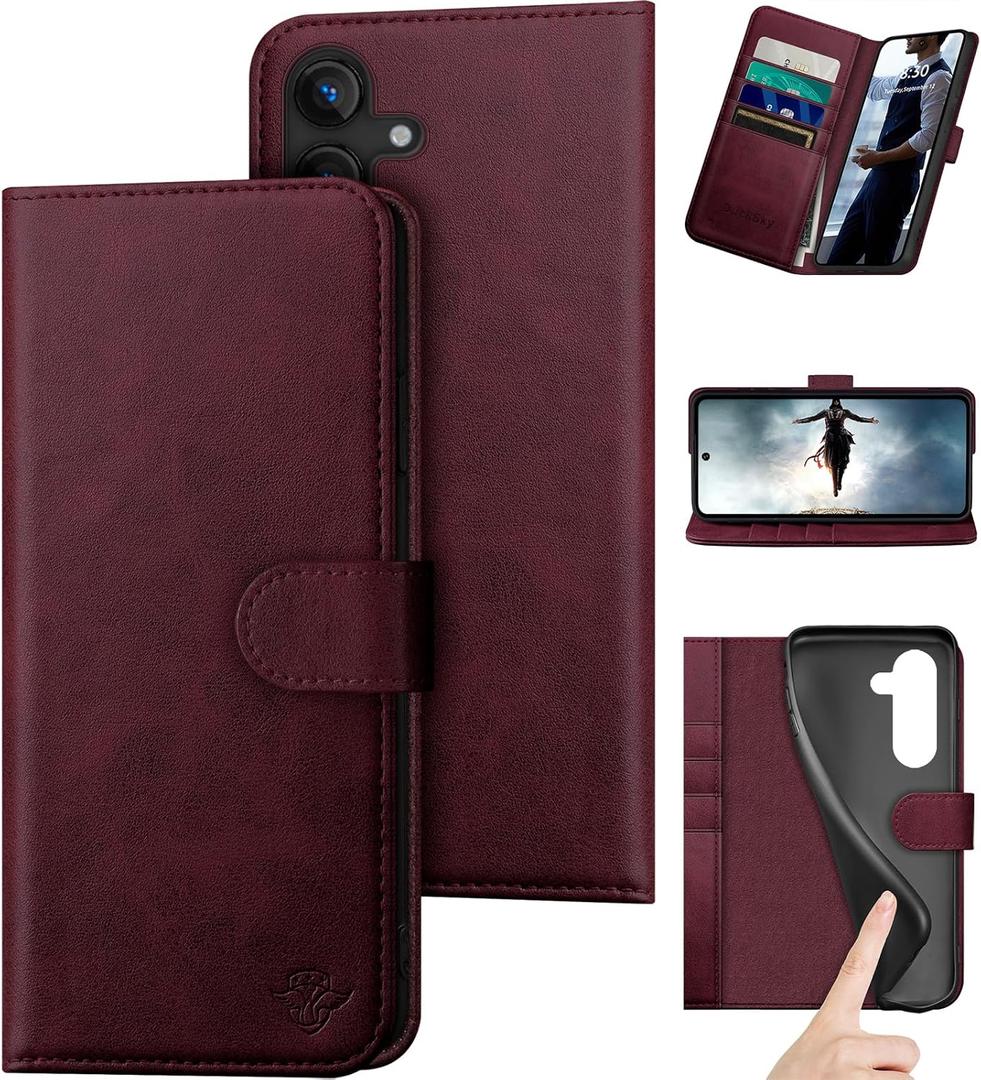 DuckSky Compatible with Samsung Galaxy S25 Plus Genuine Leather Wallet Case RFID Blocking4 Credit Card HolderReal Leather Flip Folio Book Phone Case Cover Women Men for S25 Plus Case Wine Red