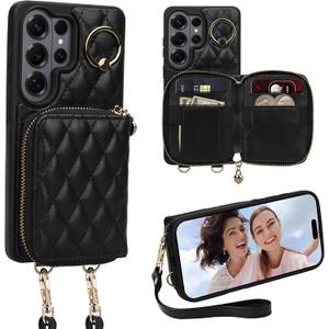 Case for Samsung Galaxy S26 Ultra 6.9'' Wallet Case,Crossbody Zipper Purse Wrist Strap Lanyard Handbag,RFID Blocking Card Slots,Flip Leather Cover for Samsung S26 Ultra,Black