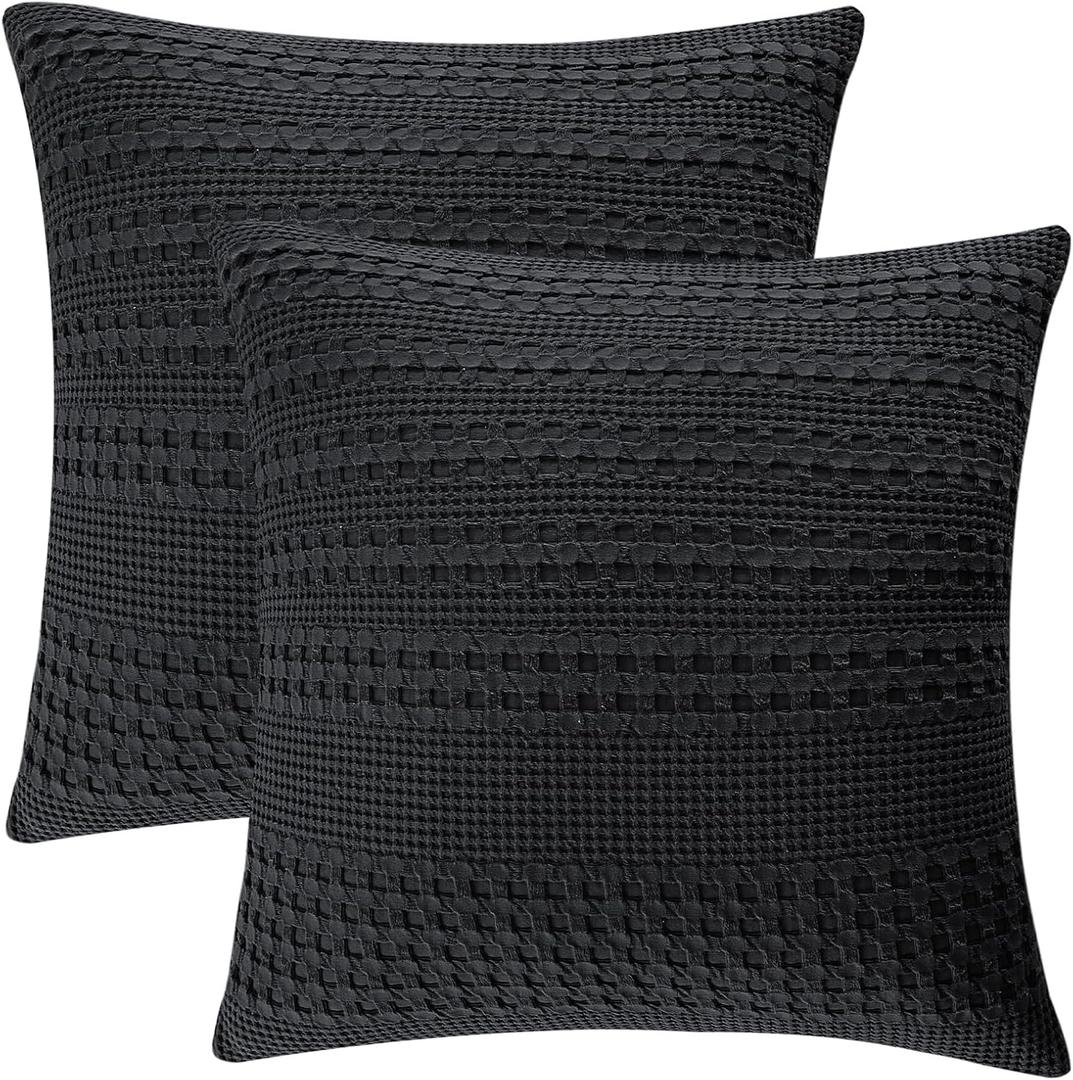 PHF 100% Cotton Waffle Weave Euro Sham Covers, 2 Pack 26" x 26" Bed Pillow Covers for Elegant Home Decor, No Filling, Luxury Aesthetic Soft Euro Pillow Cases for Bed, Black