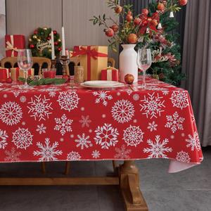 NLMUVW Vinyl Christmas Tablecloth Sqaure, Snowflake Decorative PVC Table Cloth Waterproof Wipe Clean Red Table Cover for Indoor and Outdoor, 54 x 54 Inch