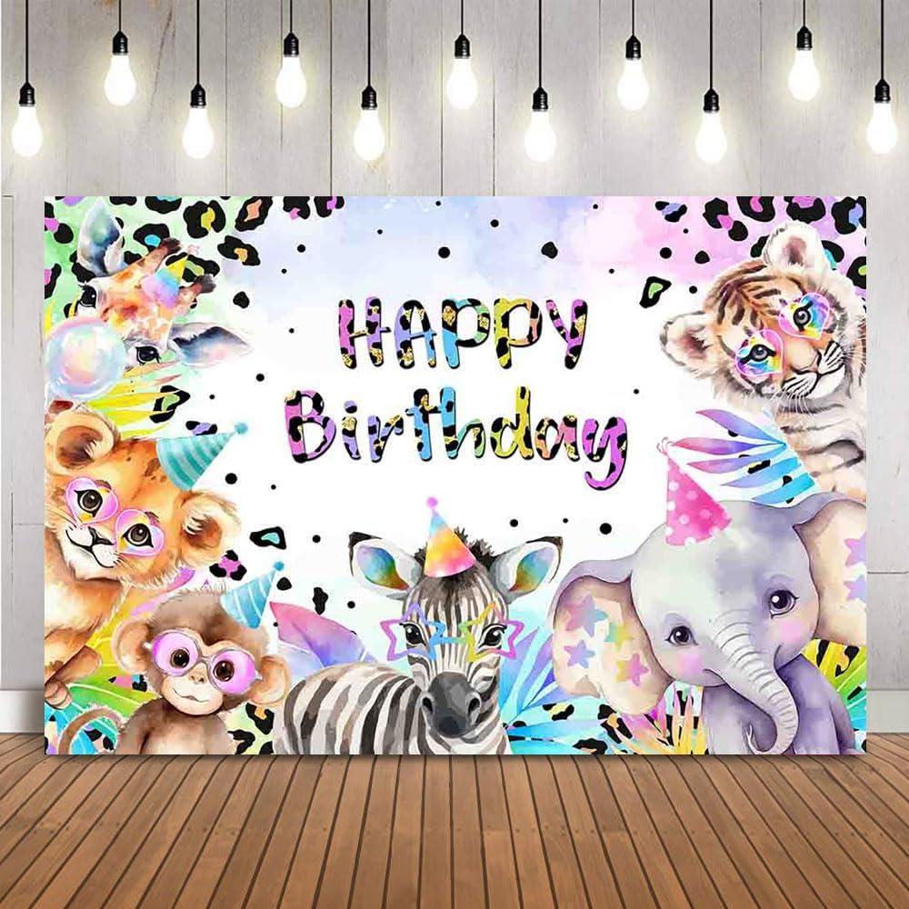 Animals Birthday Backdrop Pastel Rainbow Cheetah Photo Background Wild Safari Animals Birthday Leopard Theme Party Decoration Banner (82"x59")