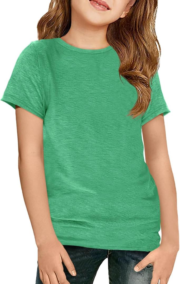 ZDC Girls Short Sleeve T Shirts Kids Crewneck Summer Tops Basic Tees 5-14 Years, 160 (Green)