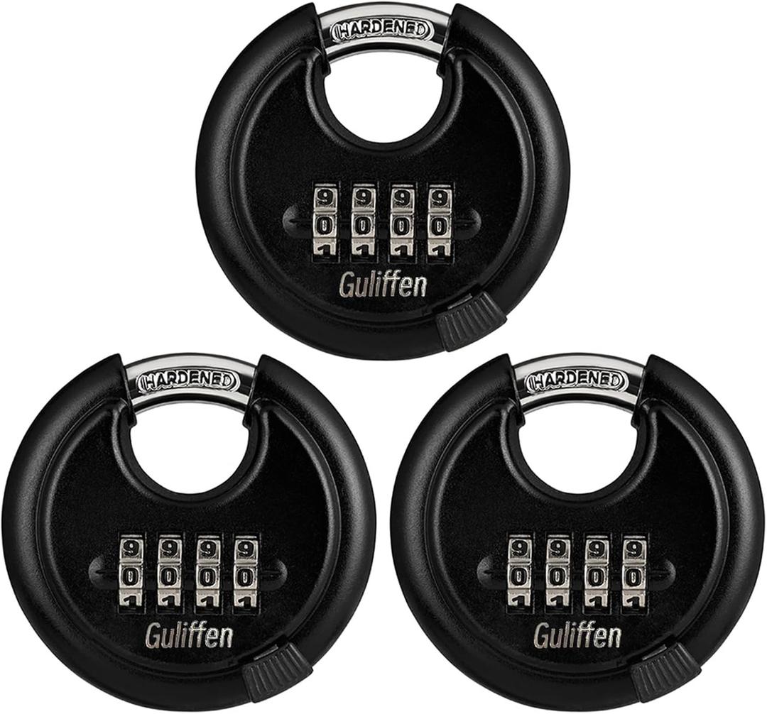 Guliffen Outdoor Combo Lock for Storage Unit, Weatherproof Disc Lock for Sheds,Gate and Fence, 3 Pack Heavy Duty Pad Locks with Code (3/8-Inch Shackle