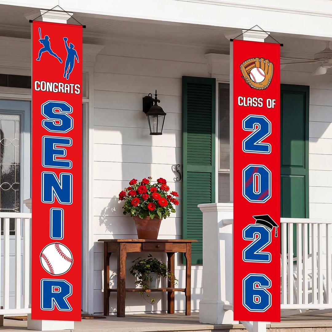 Mindsoft 2 Pcs Baseball Senior Night 2026 Graduation Decorations Baseball Senior Night Porch Door Banner 30 x 180 cm Class of 2026 Wall Sign Decorations for Graduation Party Supplies Outdoor Decor