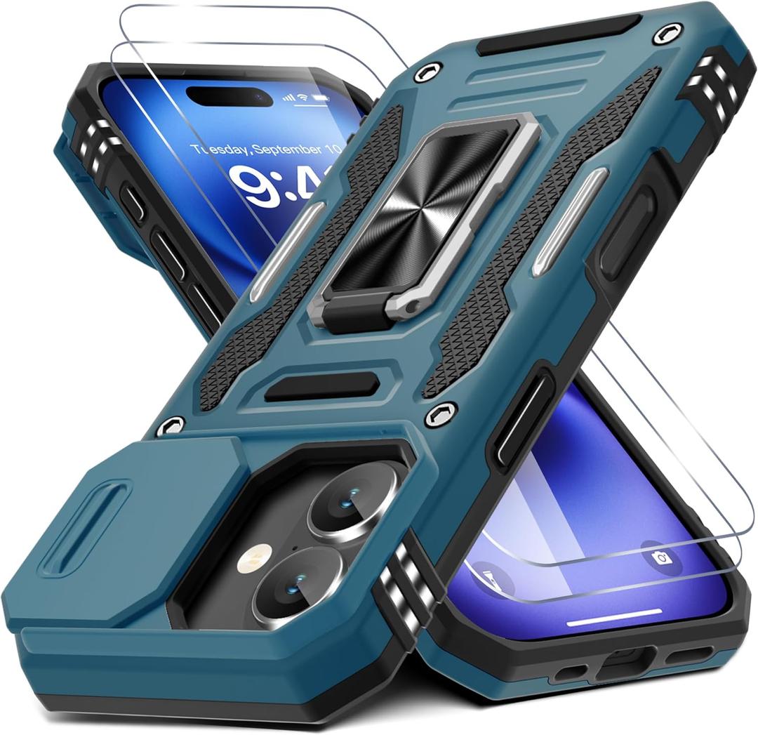 DEERLAMN Case for iPhone 17 6.3-Inch with Slide Camera Cover + Screen Protector (2 Packs), Rotated Ring Kickstand Military Grade Shockproof Protective Cover-Light Blue
