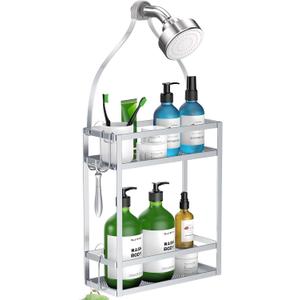 Meangood Shower Caddy, Silver Hanging Shower Caddy Organizer 10.4" x 4.5" x 22.04" Over Shower Head Big Capacity for Shampoo, Conditioner with Hooks for Razor/Sponge