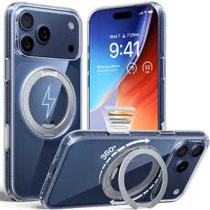 TORRAS 360 Magnetic Stand for iPhone 17 Pro Case, [Fit for MagSafe] [Rotatable Ring Kickstand] [4X Mil-Grade Shockproof] Slim Phone Cover, Camera Button, Crystal Clear, Transparent, Ostand O3 Fitness
