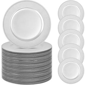 50 Silver Charger Plates Bulk, 13" Round Beaded Decorative Dinner Chargers for Wedding, Holiday, Baby Shower, Event Decoration (Silver)