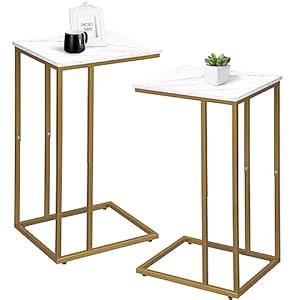 Possile C Shaped End Table Set of 2, Small Side Table for Sofa and Bed, Couch Tables That Slide Under, Snack Side Table for Living Room, Bedroom, White Faux Marble and Gold