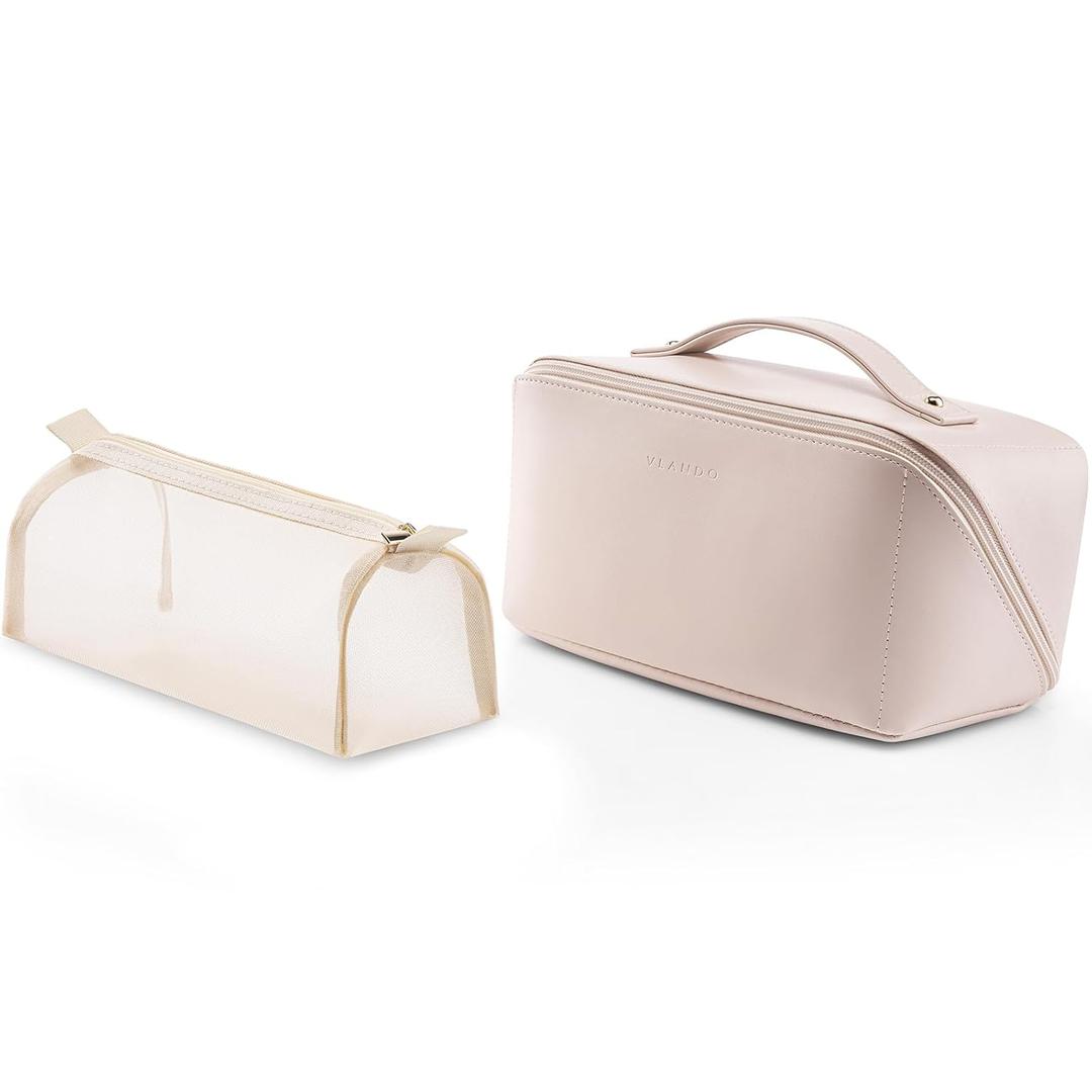 Vlando Makeup Travel Bag, Waterproof Toiletry Bags Portable PU Leather Make up Bag with Handle and Divider for Toiletries Travel Essentials(Apricot Pink)