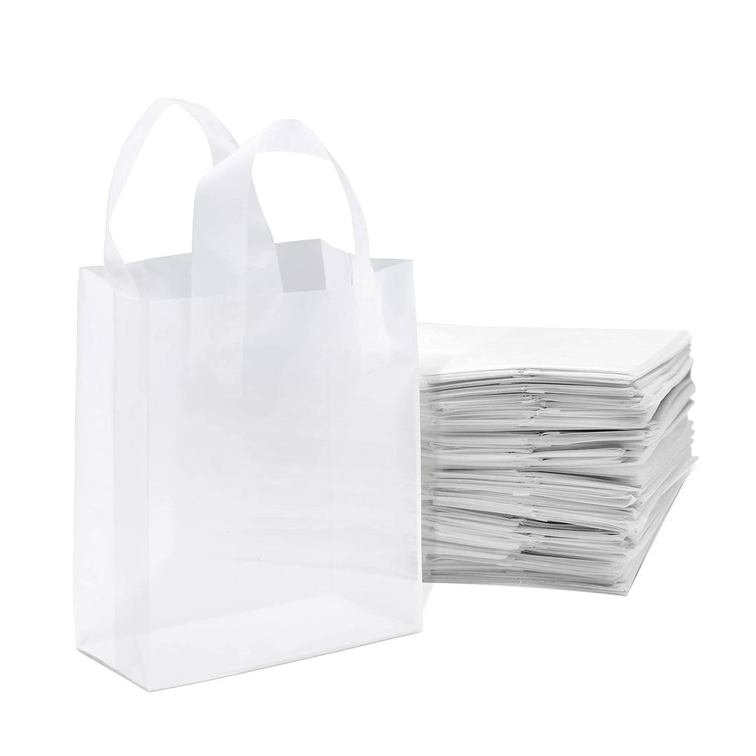 Prime Line Packaging Clear Plastic Bags, Frosted Gift Tote Bags with Handles for Small Business, Welcome Goody for Boutiques, Parties, Events, Bulk, 8x4x10, 400 Pack (White)