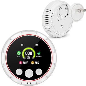 Gedsffati  Carbon Monoxide Detector &Smoke & Combustible Natural Gas Detectors Combination Builti-in Backup Battery HD Screen [Smoke CO Gas Temp Humidity Sensor] for Home Travel (White)