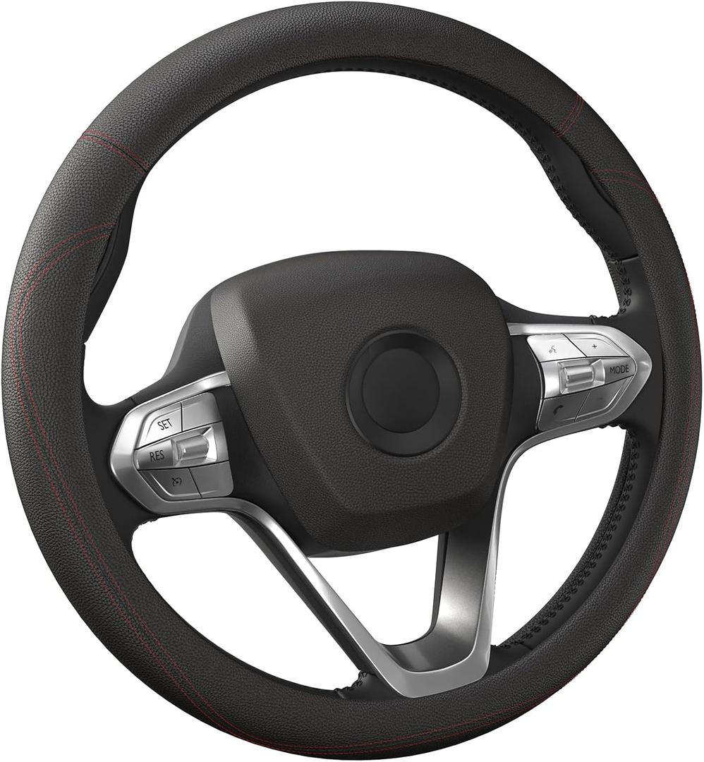 HOTOR Car Steering Wheel Cover - Universal Car Accessory for Diverse Cars, Durable Leather Cover with Anti-Slip Lining, for Steering Wheel with a Diameter of 14.5"-15", Black with Red line (Standard Size [14.5"-15"])