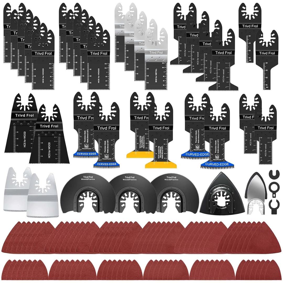 Trivd Frol 121 Pack Oscillating Saw Blades, Titanium Oscillating Tool Blades with Sandpaper, Multitool Blades for Wood Metal Plastics Cutting, Multi Tool Blades Kits Fit Bosch Dewalt Ryobi Milwaukee