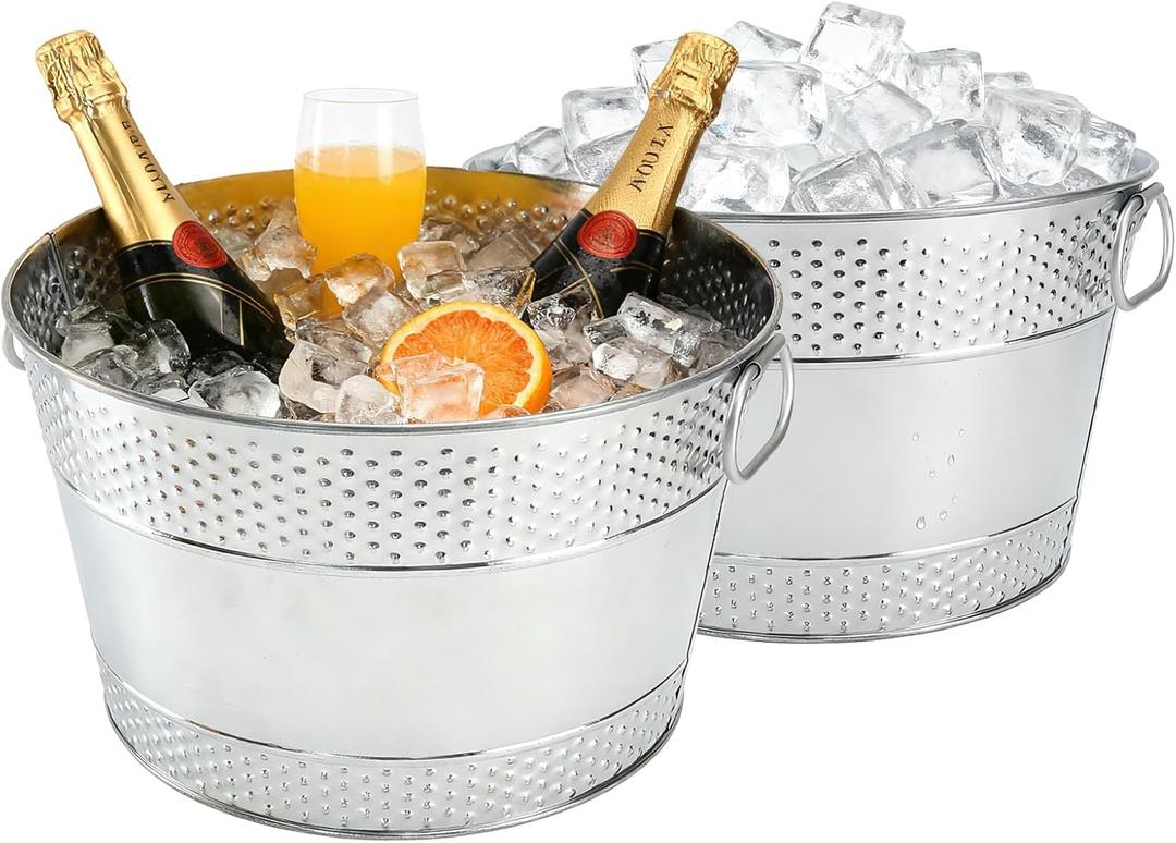 2PCS Beverage Tub Large Ice Bucket For Parties, Thick Metal Galvanized Tub Drink Buckets, Beverage Bucket with Handles, Drink Bucket for Indoor & Outdoor Party (Sliver)
