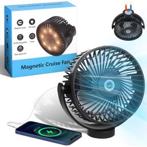 Magnetic Cruise Fan with 8000mAh Rechargeable Battery, LED Light, Timer & Power Output, Magnetically Sticks on Cabin Ceilings and Walls, Ship Approved Cabin Air Circulator