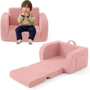 Toddler Couch, 2-in-1 Toddler Chairs Comfy 1-3 Years Old, Toddler Chair for Girls and Boys, Kids Couch Bed Fold Out, Convertible Baby Sofa to Lounge Chair for Playing, Reading, Napping, Pink