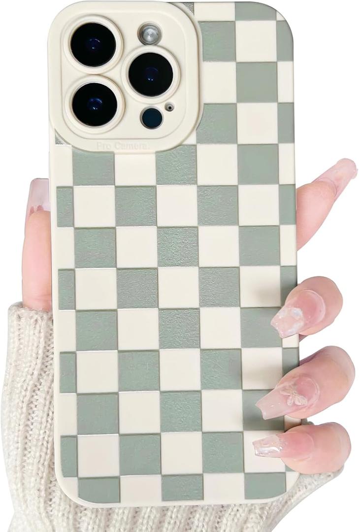 Lovmooful Compatible for iPhone 16 Pro Case Cute Checkerboard Lattice Plaid with Color Design for Girls Women Soft TPU Shockproof Protective Girly for iPhone 16 Pro Case-White&Green