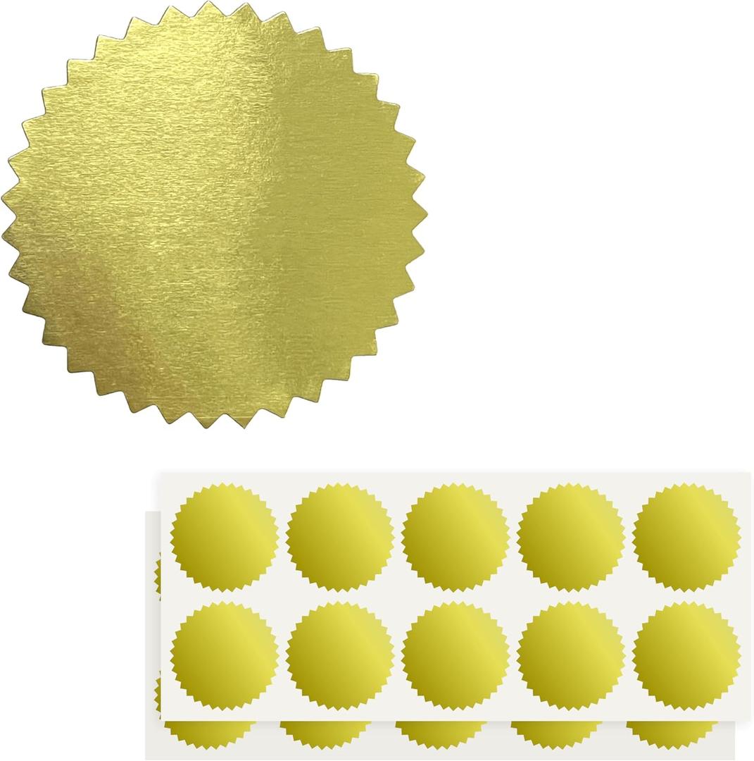 2 inch Round Gold Foil Stickers for Embossing 200 Pcs, Wmiwulien Blank Self Adhesive Notary Embosser Seal Stickers with Serrated Edge for Certificate Package, Envelope, Wafer, Awards Legal Metallic