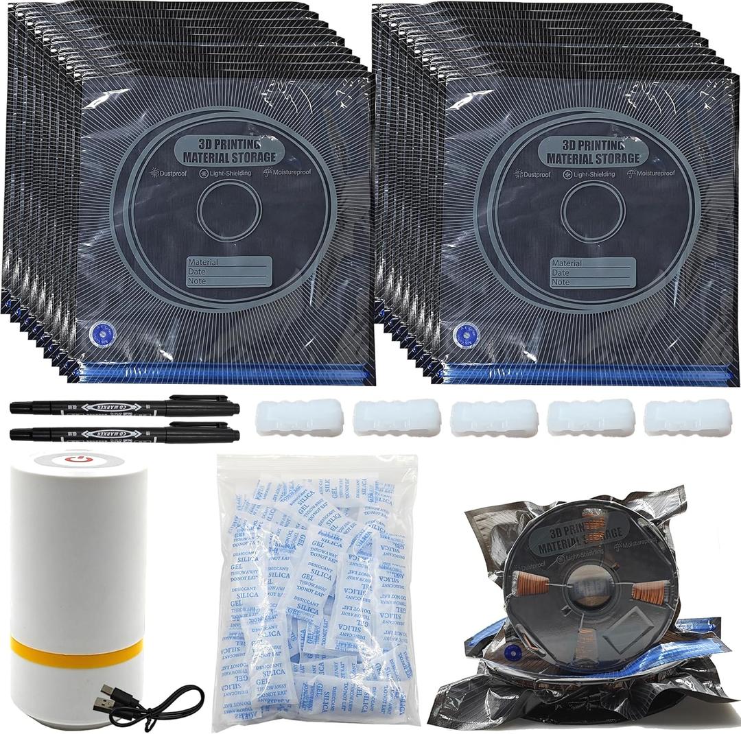 30pcs Filament Storage Bags with 1 Vacuum Pump, 30-pack desiccants & 5 Clips & 2 Black Marker, 3D Printer Filament Vacuum Sealed Bags for Keeping Filament Dry and Clean(12.6 * 13.4in)