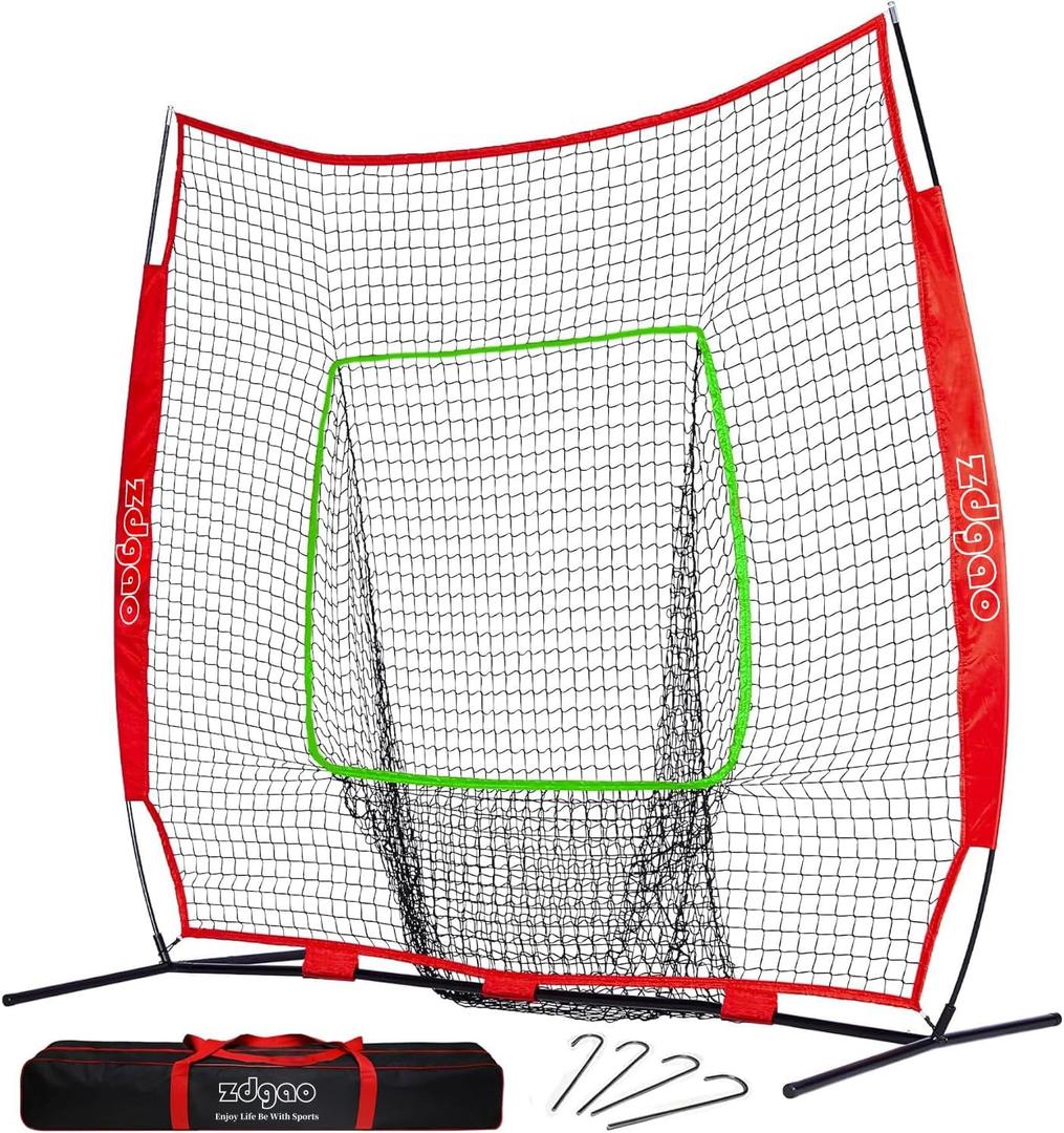 77ft Baseball Softball Practice Net- Portable Baseball Net for Batting, Hitting, Pitching Come with Carry Bag, Training for Players of Any Skill Level - Easy Setup (7FTx7FT, Red)