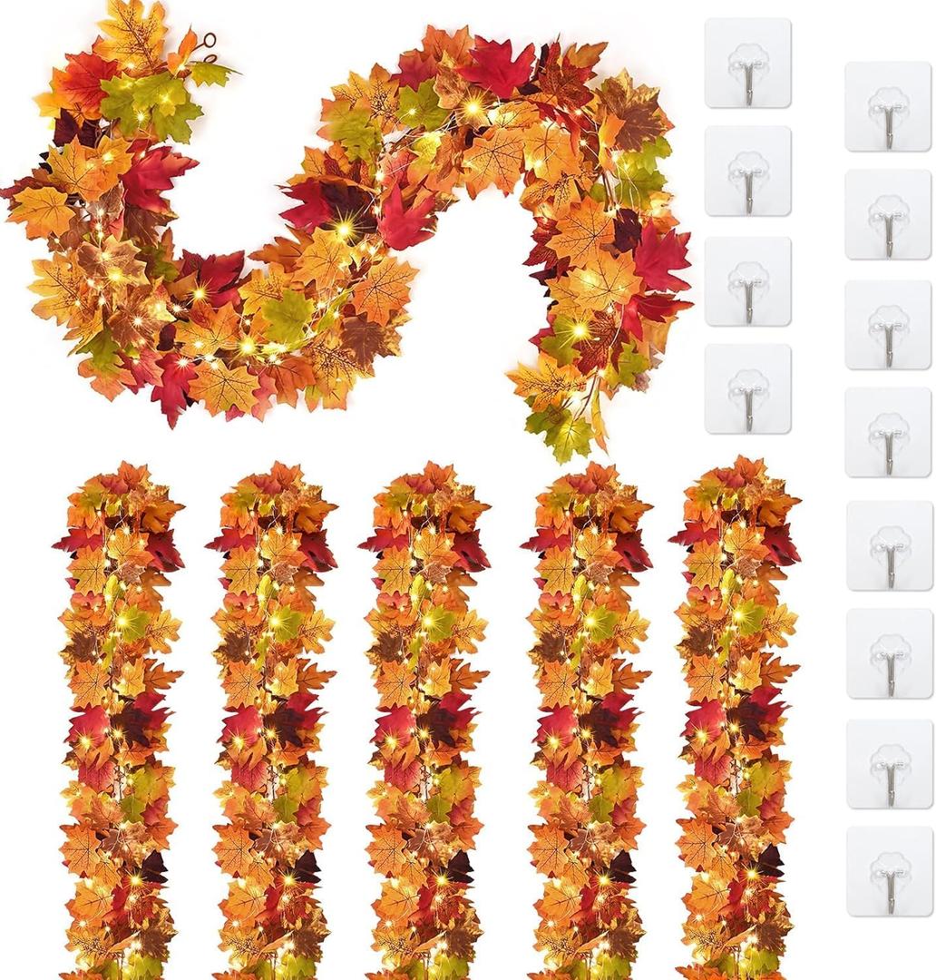 Waipfaru 6Pcs Fall Garland with Lights, 34Ft Fall Leaves Garland for Mantle, Artificial Maple Leaf Garlands for Centerpiece Front Door Window Fireplace Home Indoor Thanksgiving Decorations