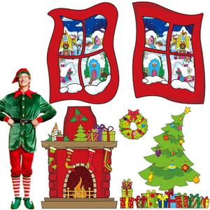 Maysing 6 Pcs Christmas Wall Decor Fireplace Backdrop Decorations Red Green Photo Background Fabric Wall Decor Window Christmas Tree Fireplace Wreath Gift Box for Xmas Party Decoration Supplies