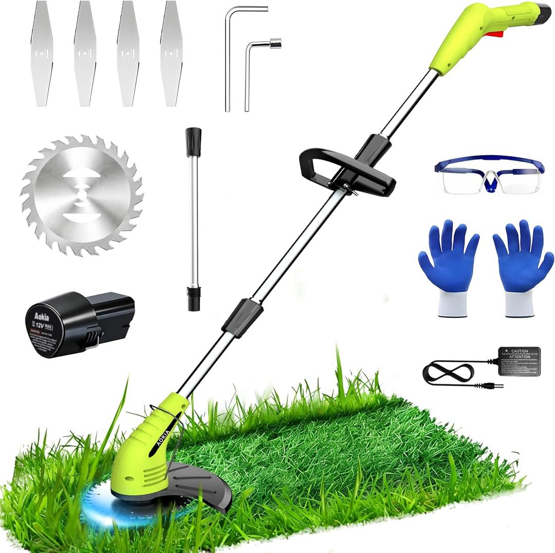 Aokia Electric Weed Wacker Cordless, 12V Battery Powered Weed Eater Cordless with Adjustable Pole (65inch), Lightweight Grass Trimmer Cutter/Edger/Mower with 2 Types Blade for Garden and Yard Lawn