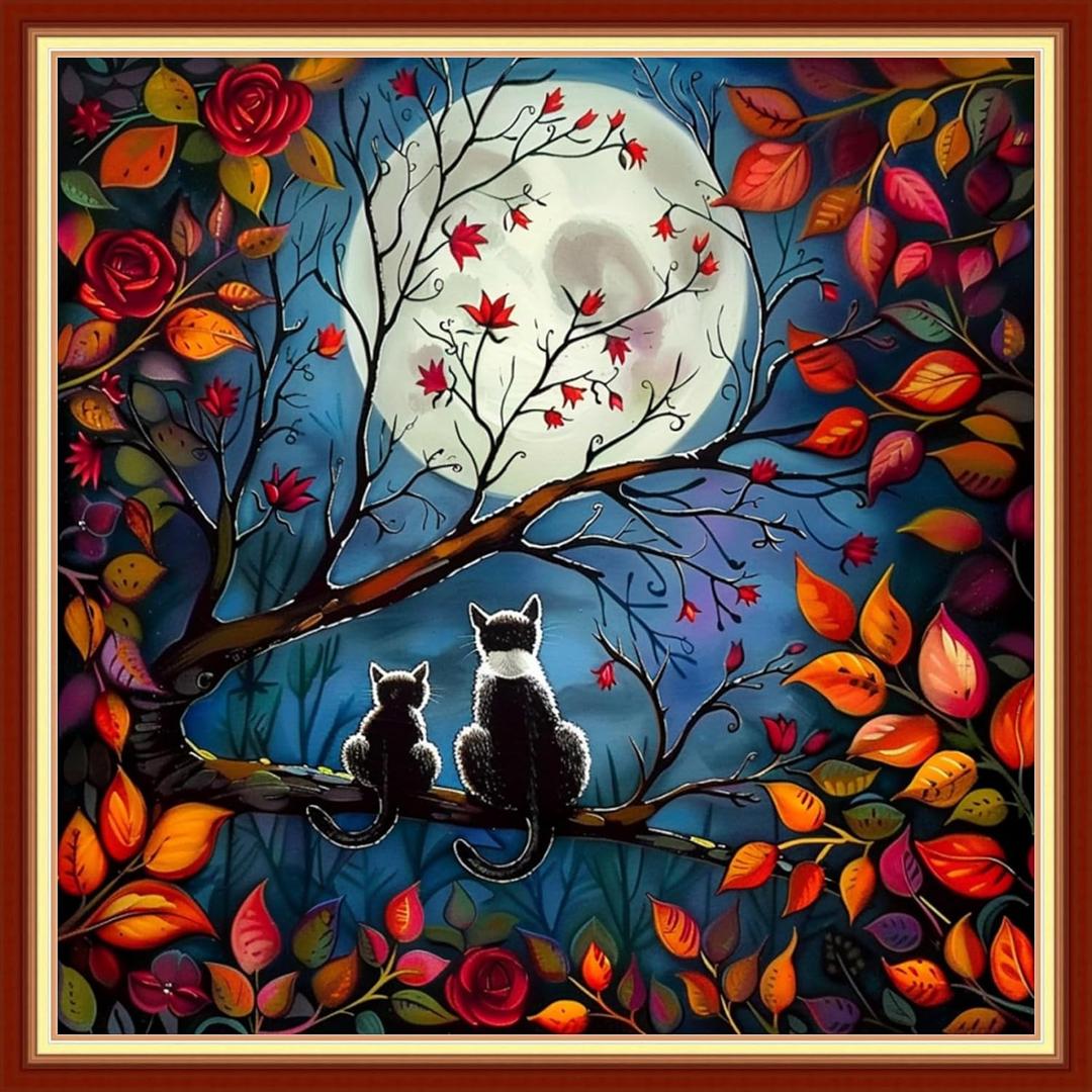 Joyhoor Stamped Cross Stitch Kits for Beginners, Needlepoint Kits for Adults, 11CT Counted Embroidery Kits-Cats Admiring The Moon 18x18 inchs (Artstyle07)