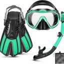Snorkeling Gear for Kids Adults, 4 in 1 Travel Mask Fins Snorkel Set with Panoramic View Anti Fog Mask, Dry Top Snorkel, Trek Fins and Travel Bag, Snorkel Gear for Swimming Diving Snorkeling (Turquoise)