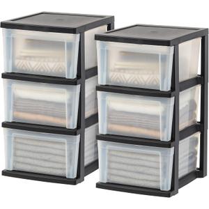 IRIS USA Plastic Drawer Storage Organizer, 3-Drawers, 2-Pack, for Classroom Art Craft Supplies, Bathroom Bedroom, Laundry Room, Black/Clear