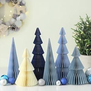 Watersay 6 Pcs Blue Christmas Tree Honeycomb Centerpiece Minimalist 3D Paper Trees Centerpiece Modern Christmas Decor Rustic Reusable Table Decoration for Home Decor Xmas Gift