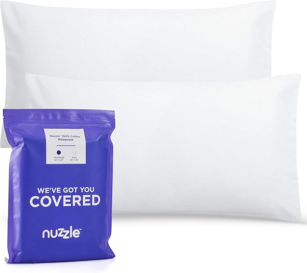 Nuzzle Standard Size Pillowcases, 100% Cotton with Envelope Closure (20 x 26 inches, White) - Soft, Breathable 300 Thread Count Pillow Protectors