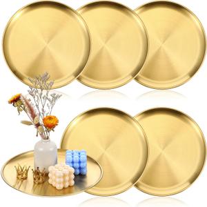6 Pcs Gold Serving Trays, 12 Inch Stainless Steel Round Decorative Serving Table Food Circle Tray for Coffee Bar Home Bathroom Candle Wedding Party Makeup Organizer Perfume Countertop