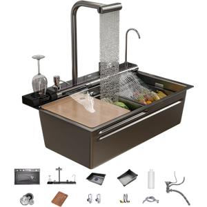 Dual Waterfall Kitchen Sink Modern Kitchen Sink Single Bowl Digital Smart Sink with Soap Dispenser Stainless Steel Sink with Pull-Out Faucet Workstation Sink with Honeycomb (29.5x18.1in)