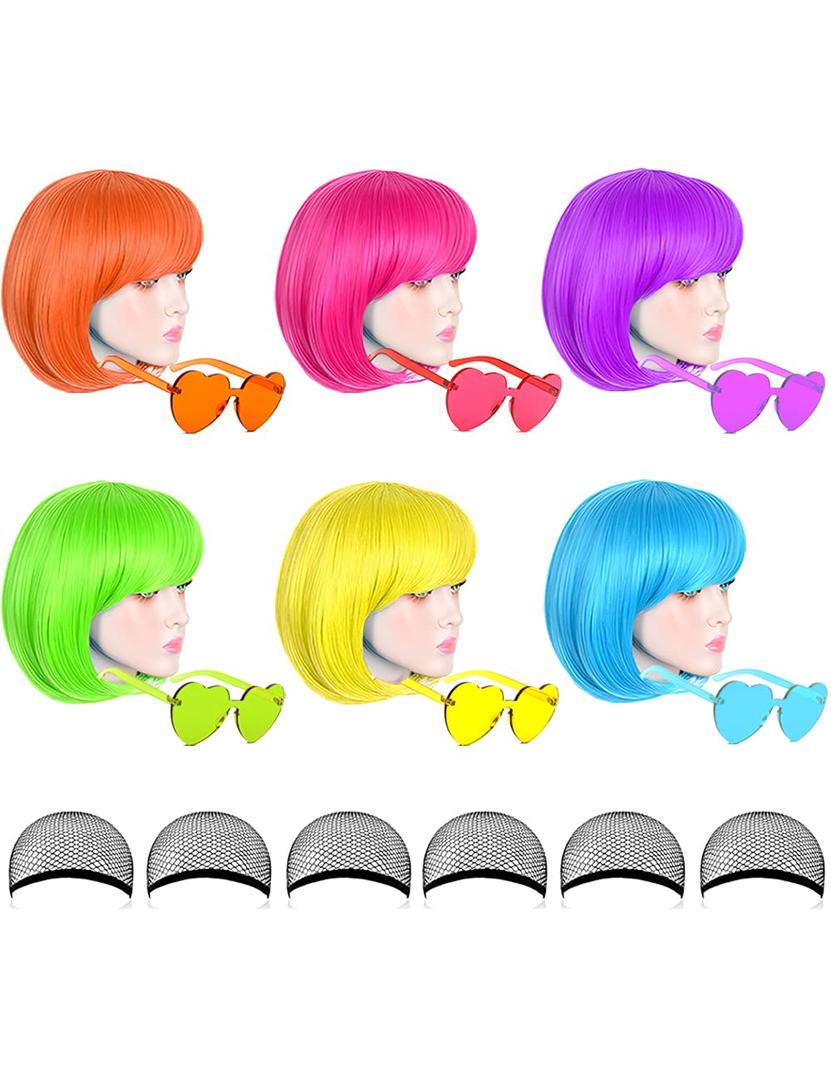 LOHO MAGICA 6 Pack Colored Wigs, Funky Colorful Wigs, Short Bob Hair Wig, Neon Party Wigs with Rimless Heart Sunglasses