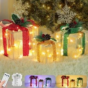 Remote Control Christmas Lighted Gift Boxes Decorations,Set of 3 Light Up Glitter Fabric Present Boxes with 60 Dual Color Change Lights 12 Mode Timer,Xmas Decor for Tree Indoor Outdoor Yard Holiday