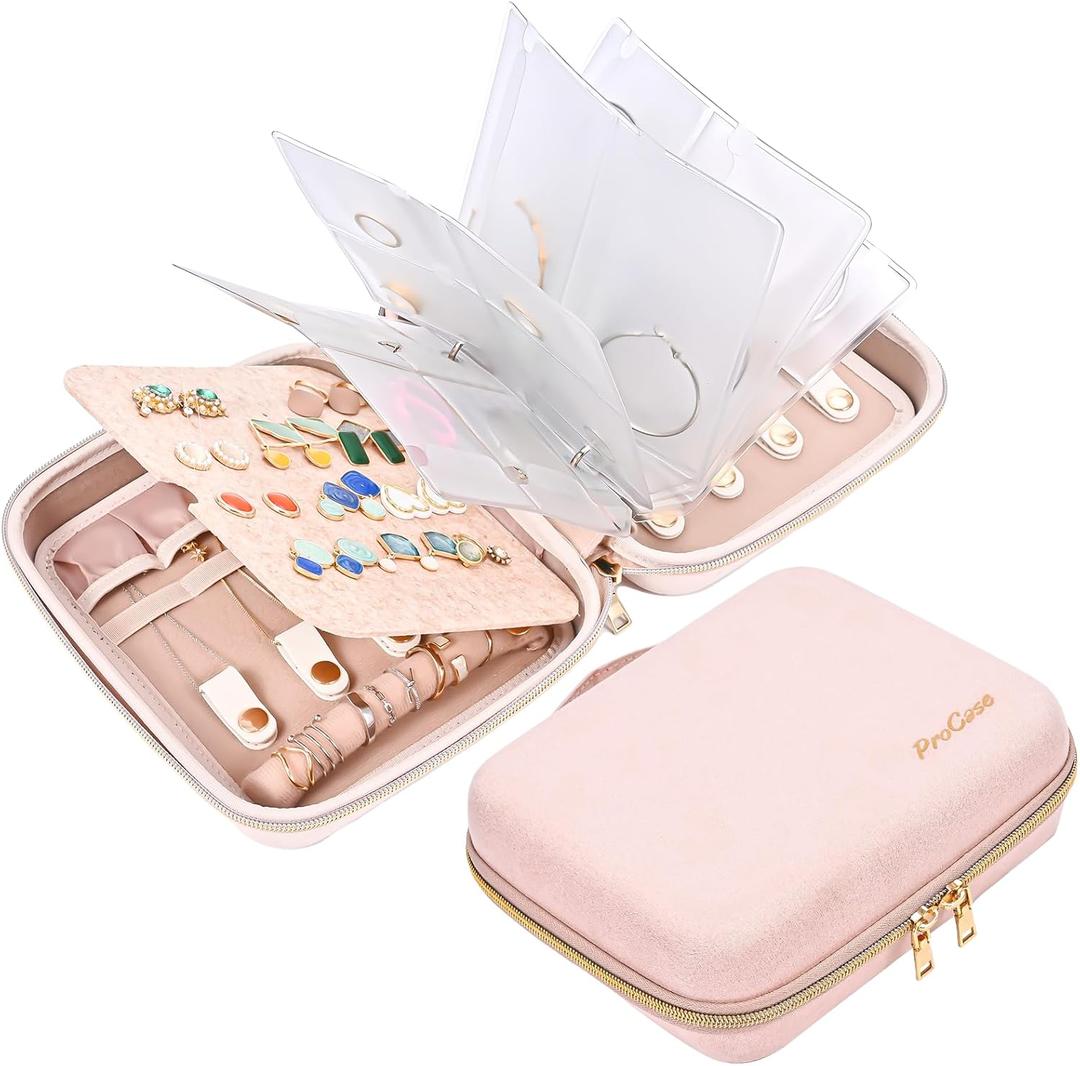 ProCase Medium Travel Jewelry Organizer Case, Jewellery Home Storage Book Ring Binder with Clear Pockets for Presentation, Zippered Pouch Bag for Earrings Necklaces Bracelets -Pink (Medium, Loose-leaf)