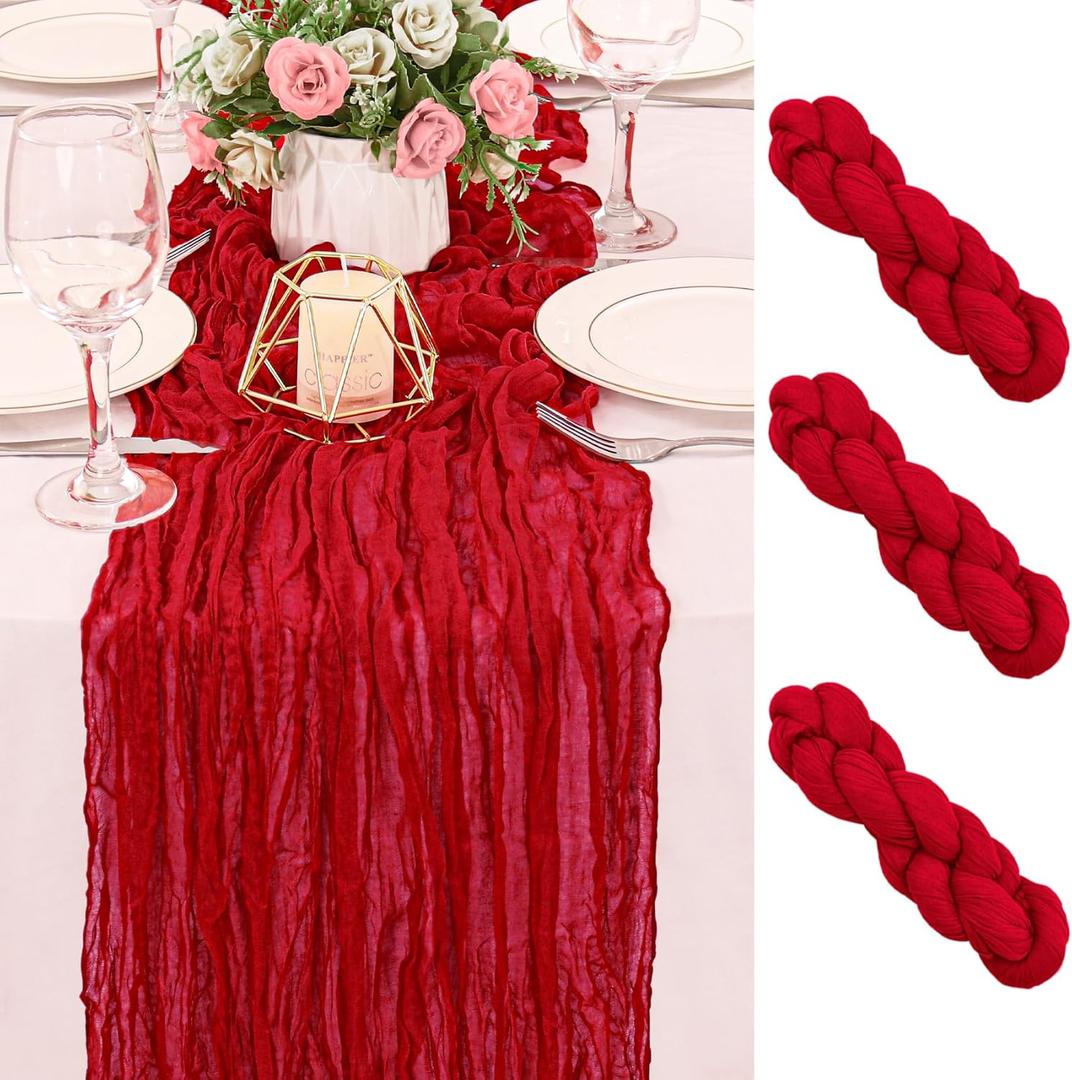 4 Pack 120 Inch Red Cheesecloth Table Runner Boho Rustic Gauze Sheer Romantic 10 FT Long Cheese Cloth Table Runner for Bridal Baby Shower Wedding Party Birthday Holiday Home Easter Decor