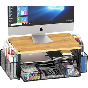 Desk Organizers and Accessories, 2-Tier Computer Monitor Stand with Drawer and 2 Pen Holders, Laptop Stand, Office Desk Accessories for Office Supplies, Oak
