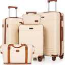 Luggage Sets 5 Piece with Spinner Wheels, Lightweight Hardshell Suitcases Set with Lock for Men and Women, Carry on Luggage Travel Set with Durable ABS Hard Case (Beige)