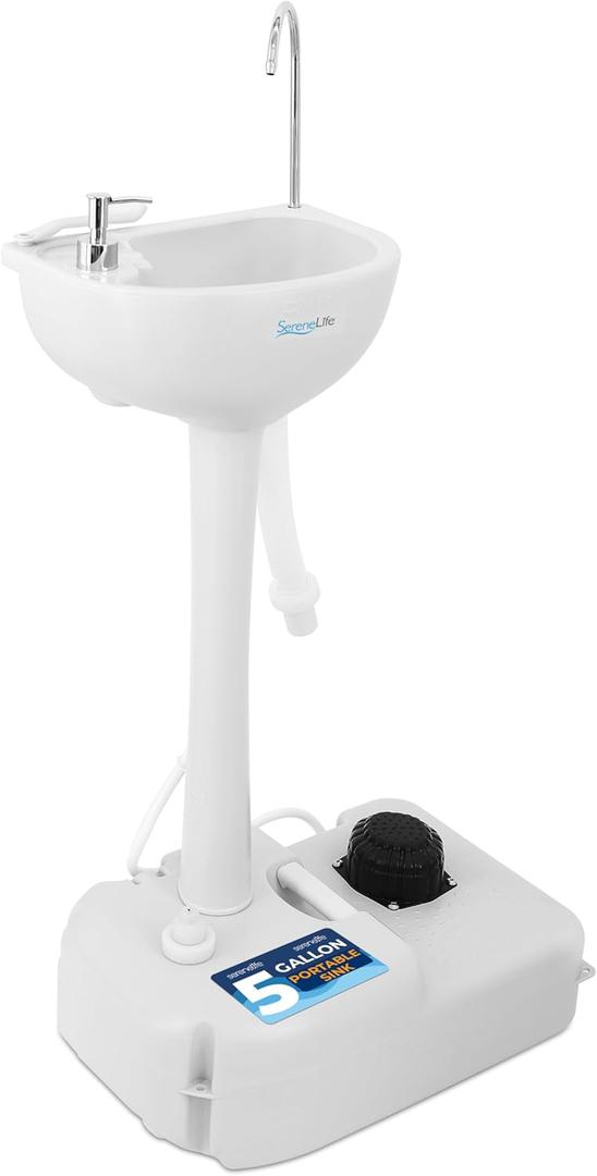 SereneLife Portable Camping Sink with 19L (5+ Gallon) Water Tank, Hands-Free Foot Pump, Soap Dispenser & Towel Holder, Compact Design with Carry Handle  Perfect for Camping, Worksites, Outdoors