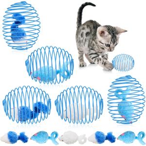 Jecery 5 Pcs Cat Spring Balls Toys Stretchable Rolling Balls Colorful Playful Coils Interactive Action Toy Caged Rats for Kitten Pet Supplies (Mouse,Blue White)