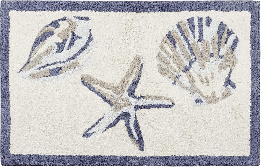 Madison Park Bayside 100% Cotton Tufted Non-Slip Absorbent Ultra Soft Seashells Beach Style Bath Mat Bathroom Rugs, 21X34" Inches, Blue, 1 Piece